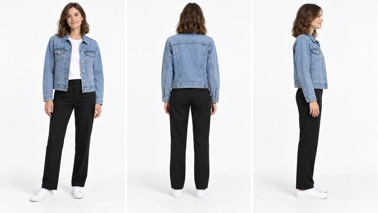 Front, back and side on-model views of the same blue denim jacket