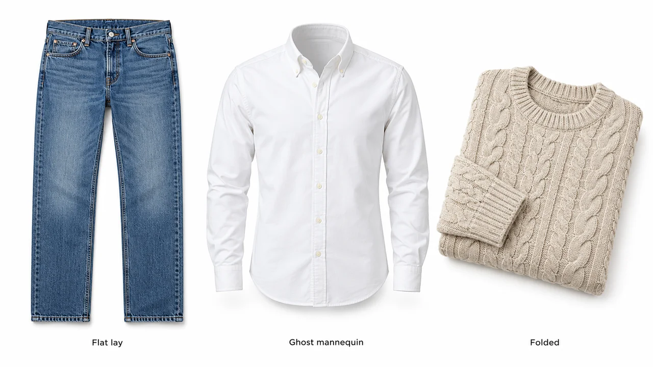 Three clothing packshots on white: a flat lay of jeans, a ghost mannequin shirt and a folded knit sweater
