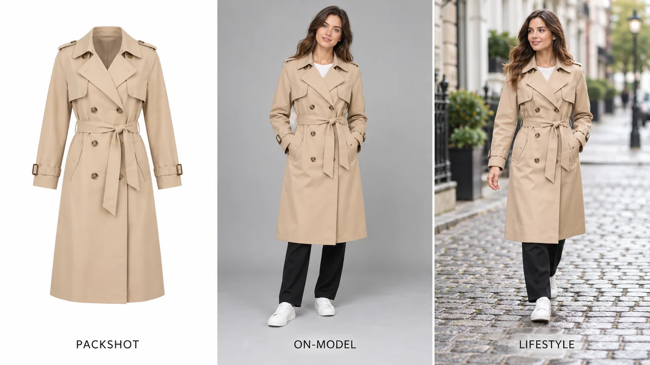 The same beige trench coat as a packshot, an on-model studio photo and a lifestyle street photo