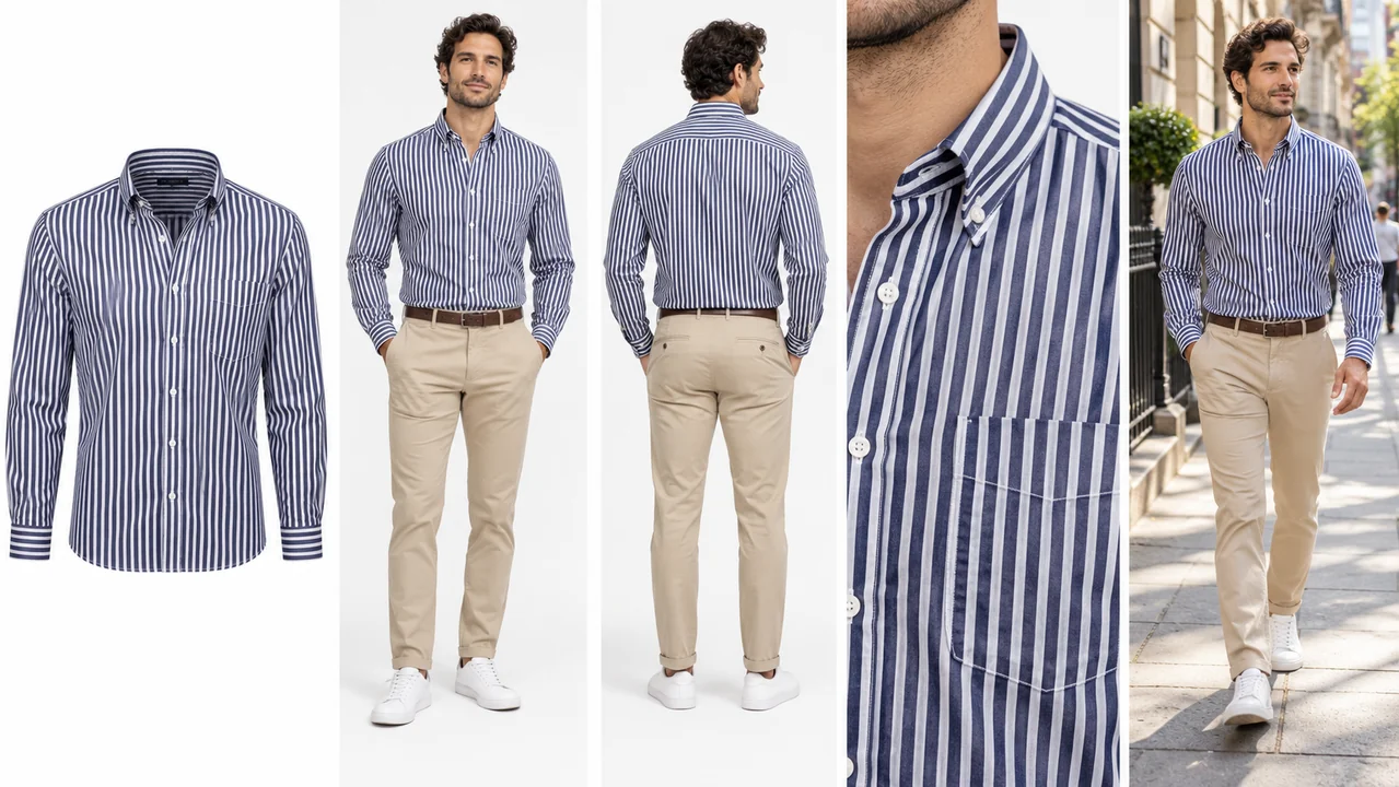 A full set of PDP images for a navy striped shirt: main image, on-model front, back, detail close-up and lifestyle shot