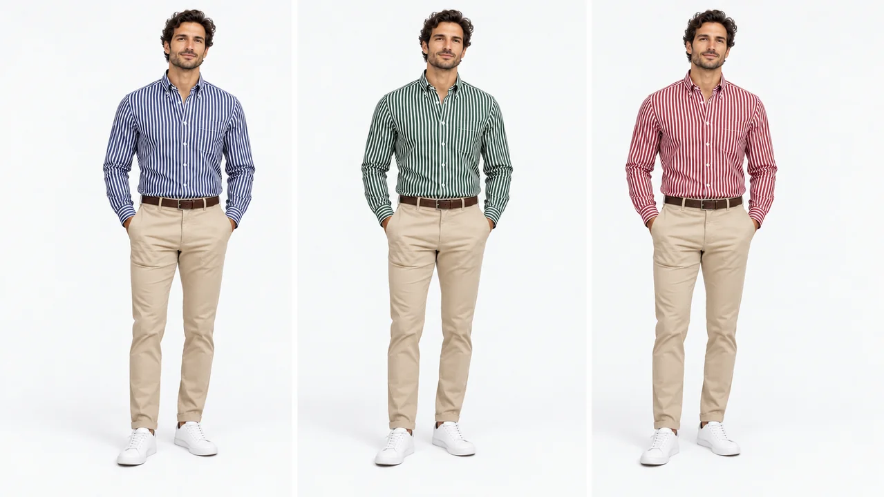 The same striped shirt on an AI model in navy, green and red colour variants