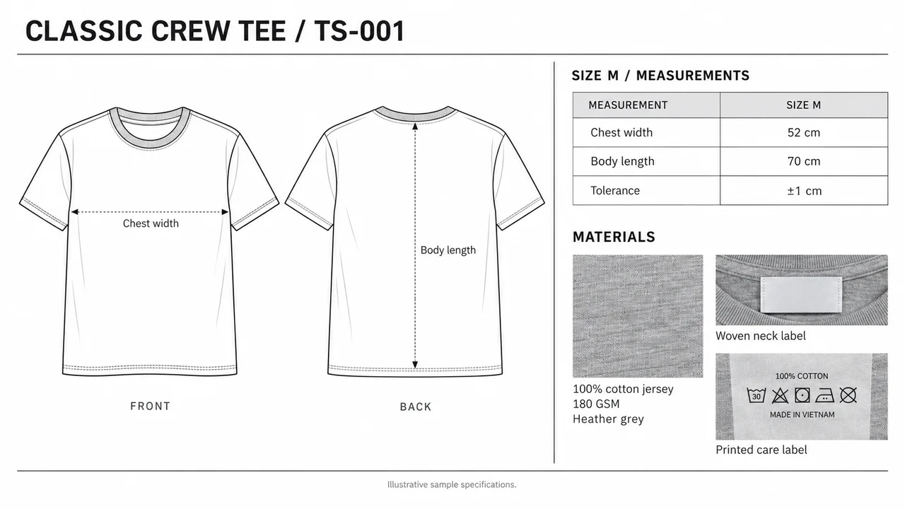 Example tech pack page for a t-shirt with front and back technical flats, a measurement table and a materials list