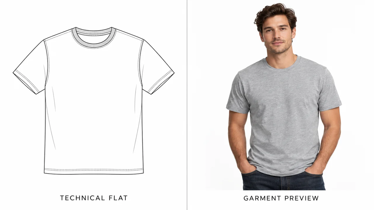 A technical flat drawing of a t-shirt next to the same t-shirt rendered as a realistic garment on a model