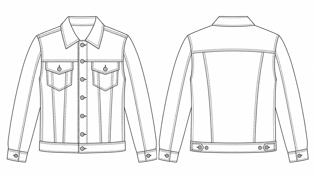 Technical flat of a denim jacket, front and back views, showing seams, pockets, buttons and dashed stitching