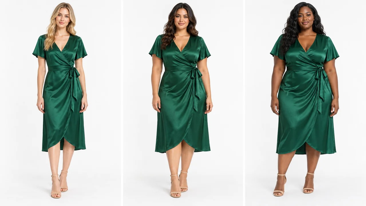 The same green wrap dress on three virtual models with different body types