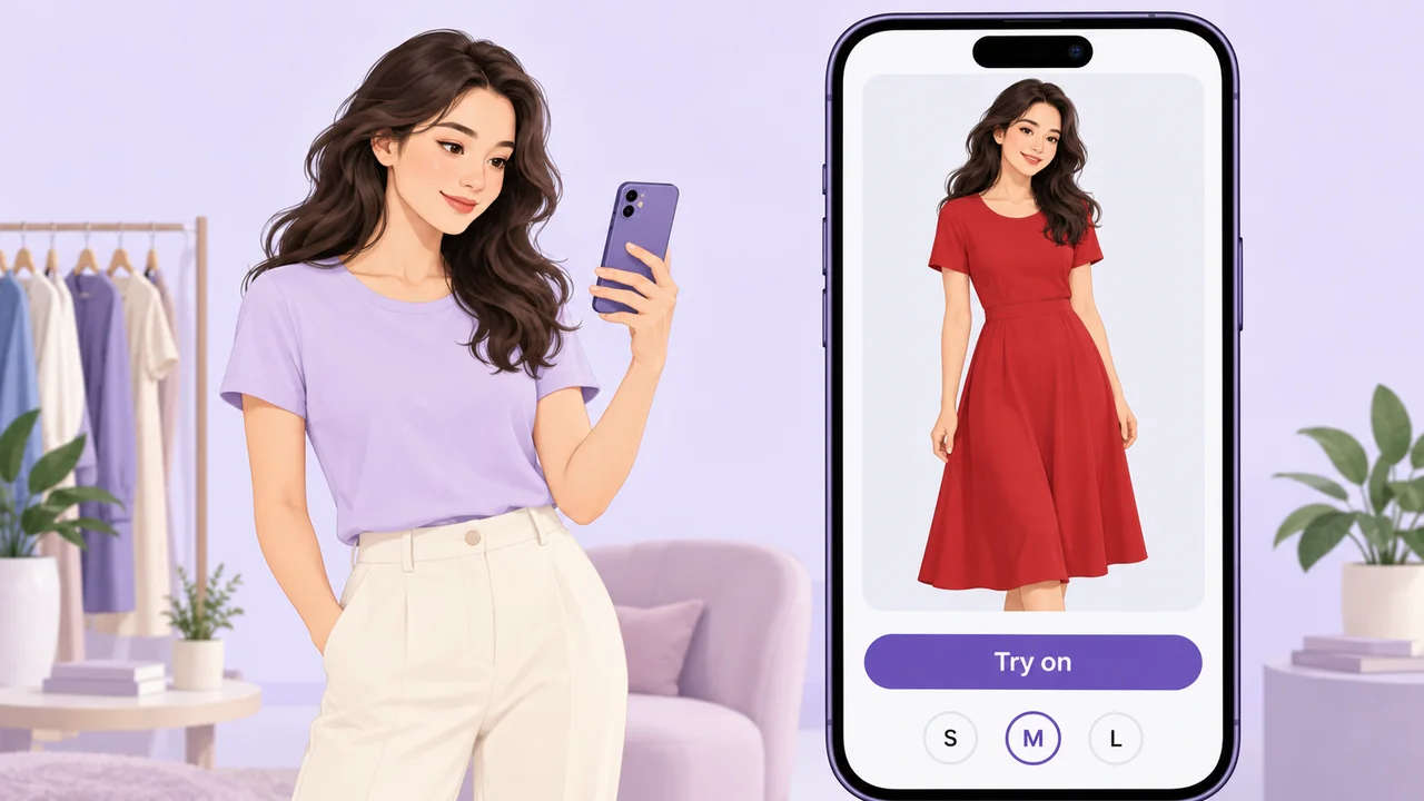 Illustration of a shopper using virtual try-on on a smartphone to see a red dress on herself