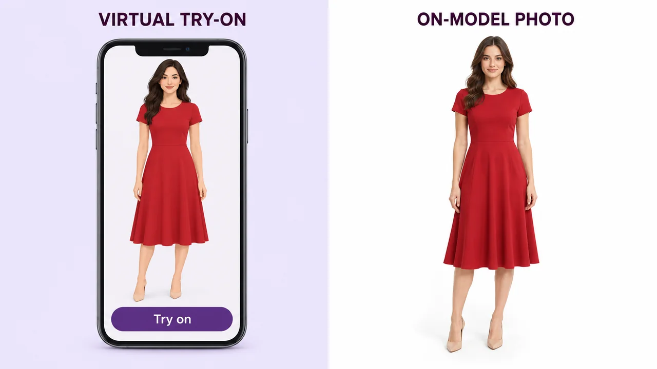 Left: illustration of virtual try-on on a phone. Right: an on-model product photo of the same red dress
