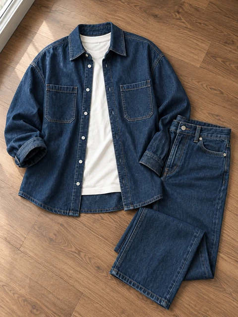 Illustrative phone-style photo of the matching indigo denim outfit