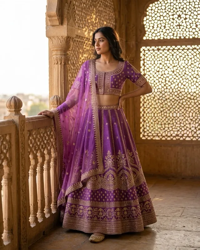 Purple raw-silk lehenga - AI-generated fashion photoshoot by ApparelAI Studio