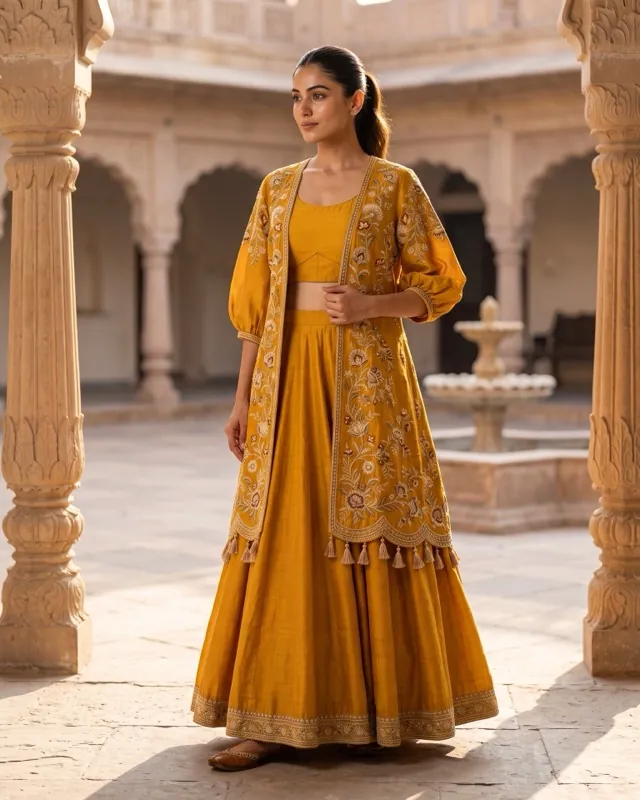Mustard jacket lehenga - AI-generated fashion photoshoot by ApparelAI Studio