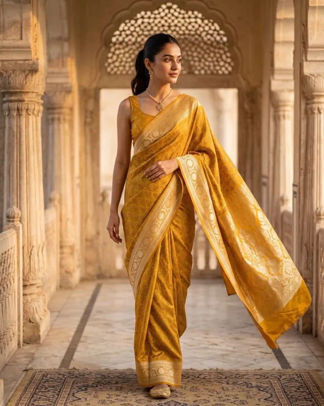Mustard Banarasi silk - AI-generated fashion photoshoot by ApparelAI Studio