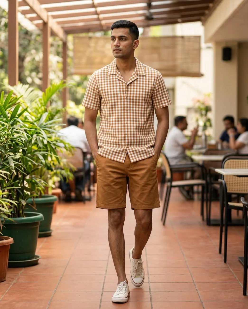 Tan gingham camp-collar