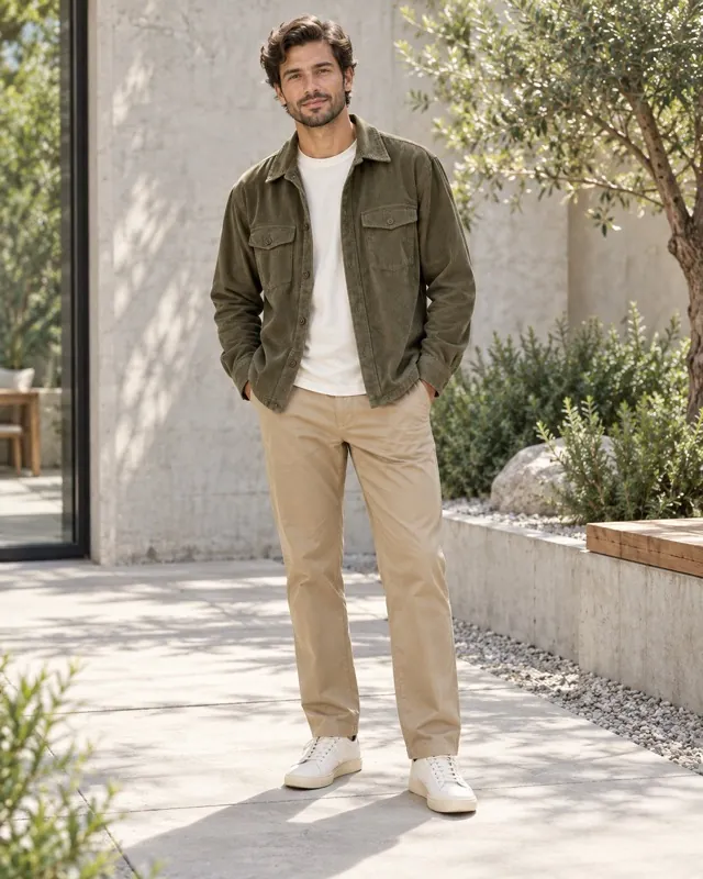Olive overshirt - AI-generated fashion photoshoot by ApparelAI Studio