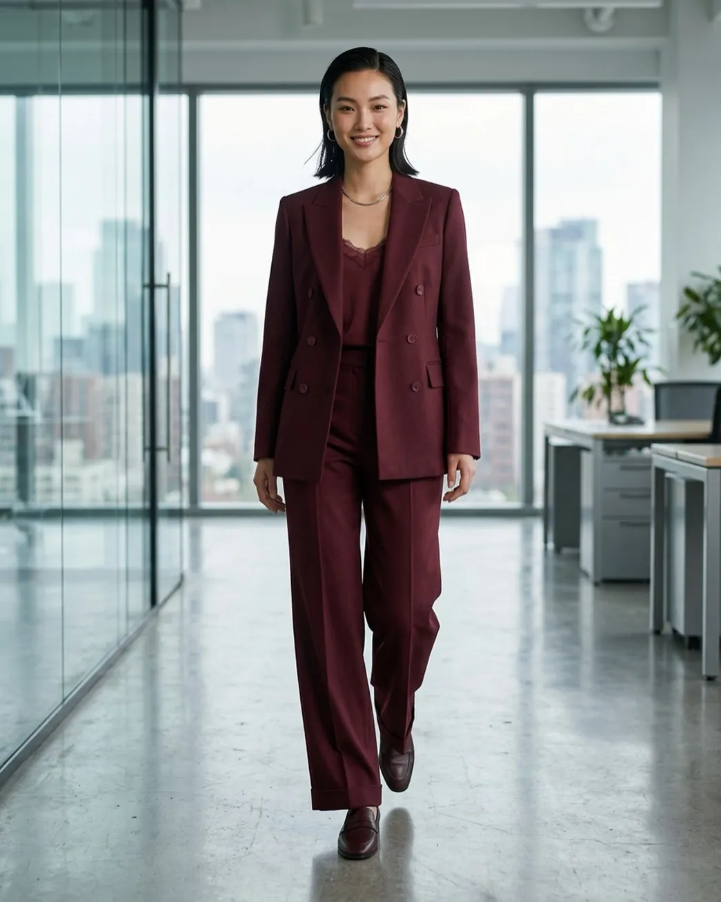 Burgundy double-breasted blazer