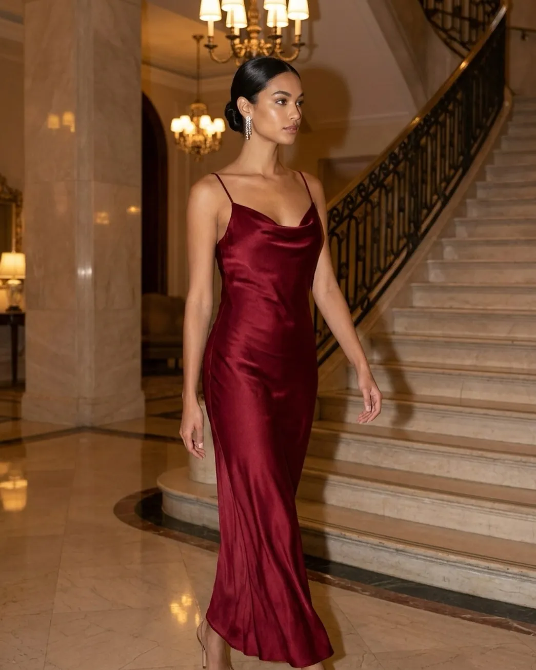 Burgundy satin bias-cut