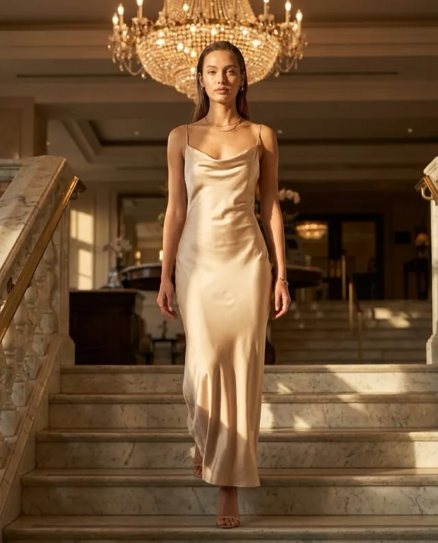 Champagne satin cowl-neck - AI-generated fashion photoshoot by ApparelAI Studio
