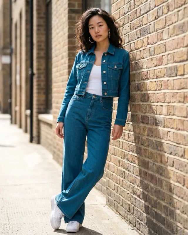 Mid-blue denim jacket - AI-generated fashion photoshoot by ApparelAI Studio