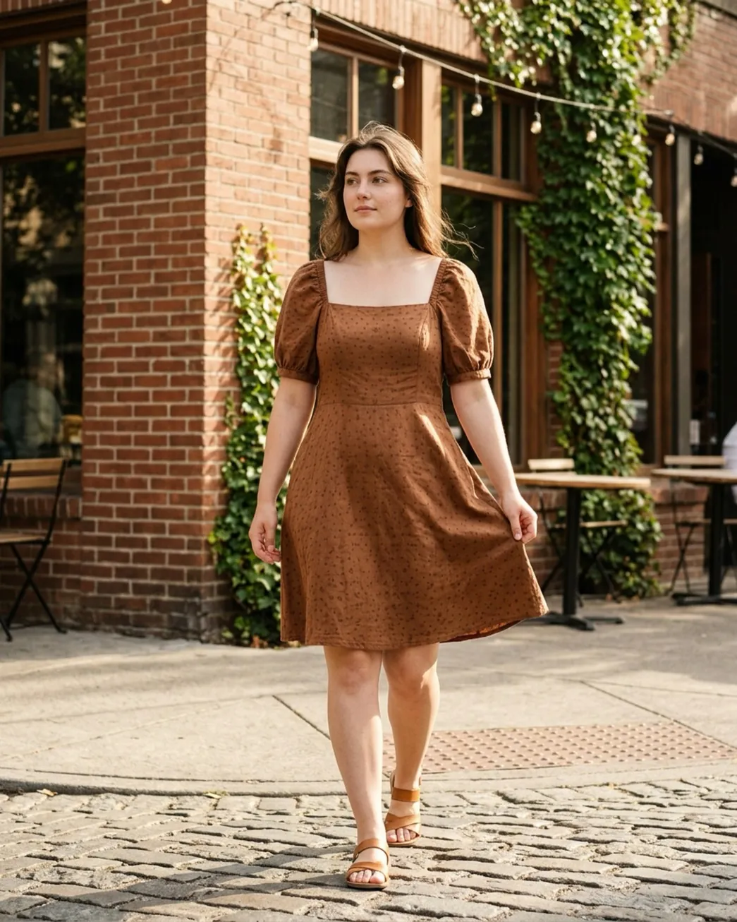 Rust ditsy-print puff-sleeve