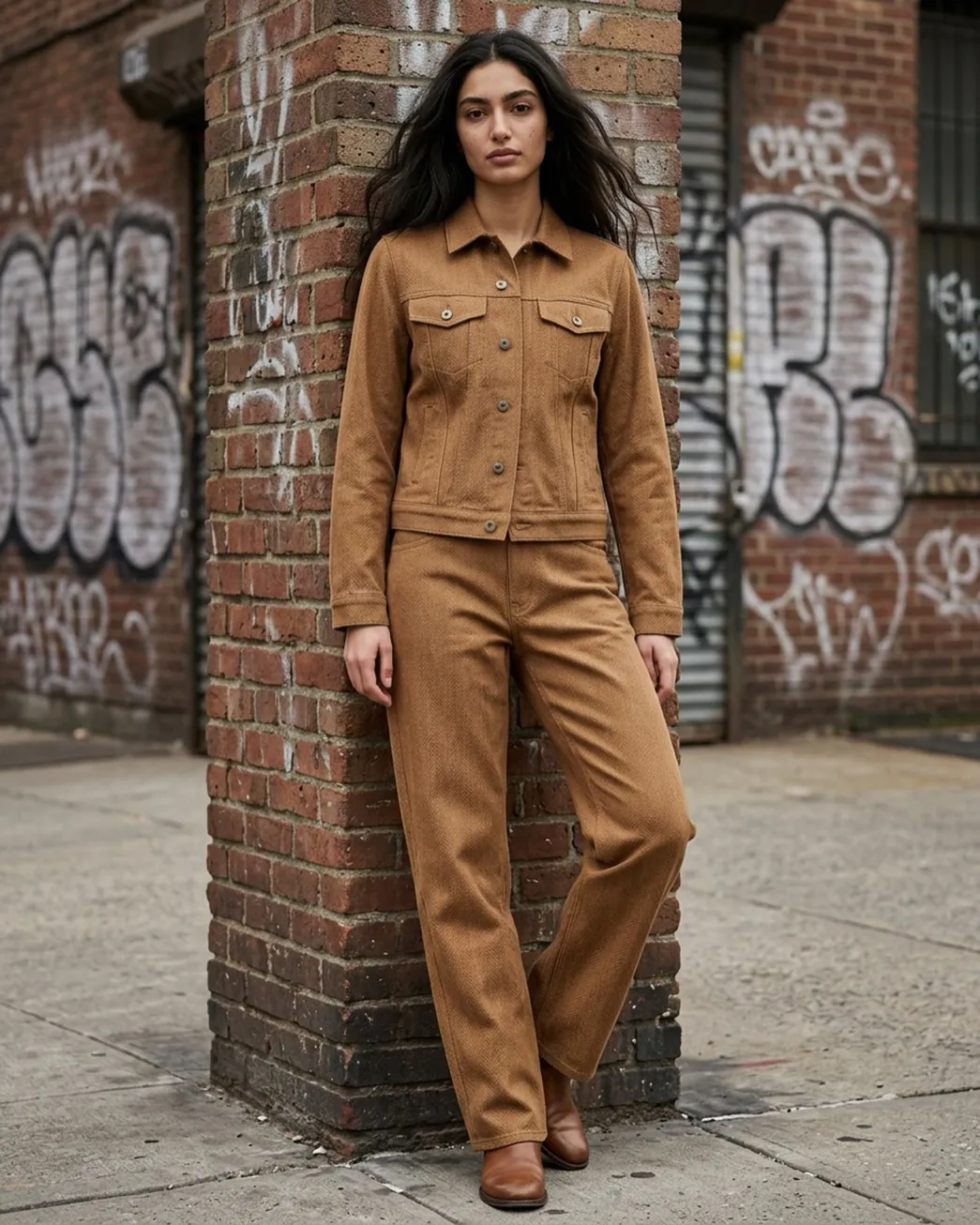 Tan denim jacket set