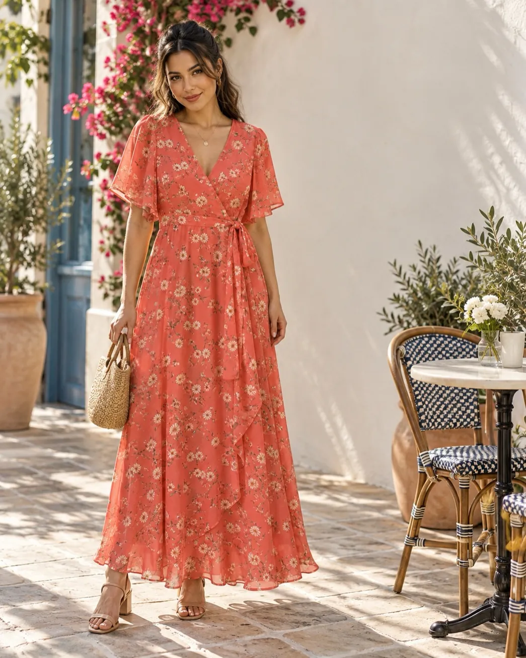 Coral floral wrap maxi