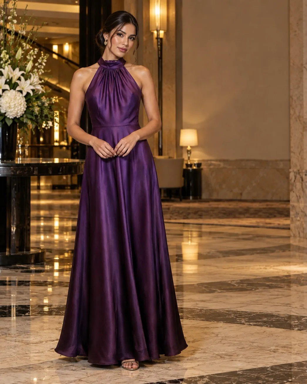 Plum satin halter gown