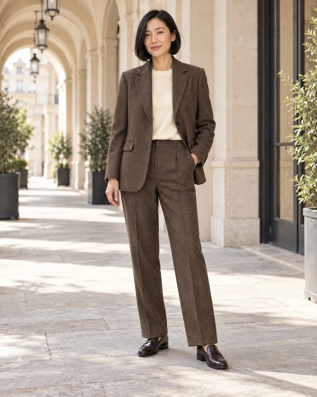 Brown tweed trouser suit