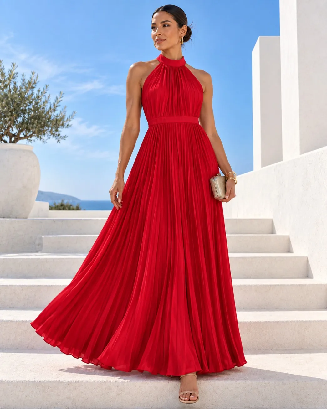 Red pleated halter gown