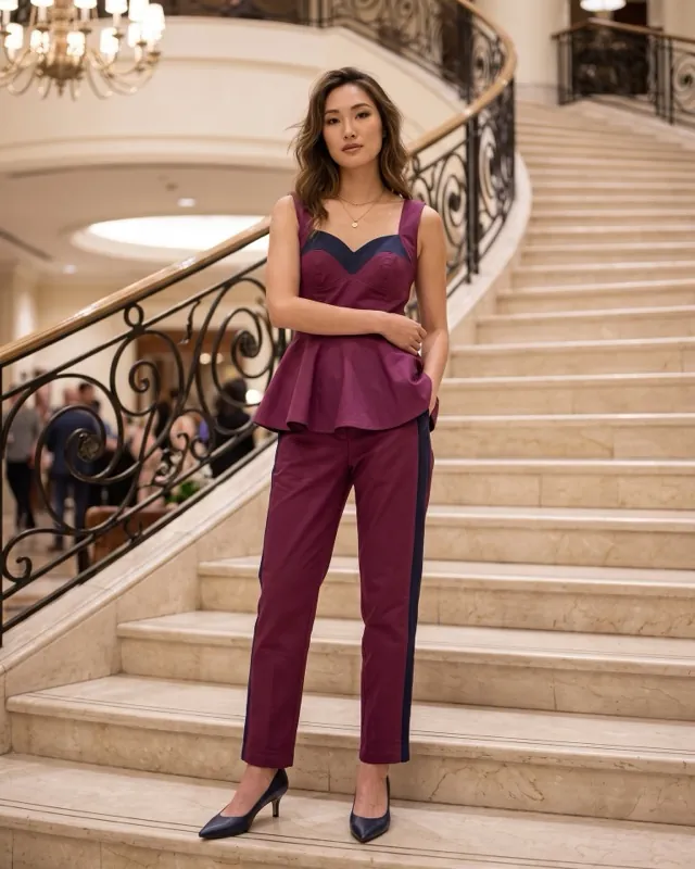 Wine peplum set - AI-generated fashion photoshoot by ApparelAI Studio