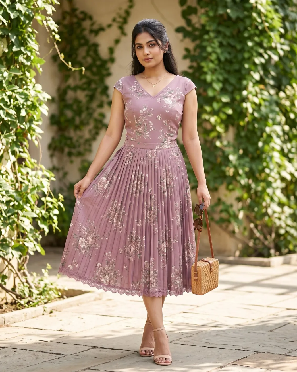 Mauve floral pleated midi