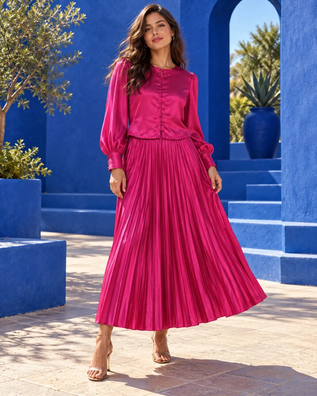 Fuchsia satin pleated set