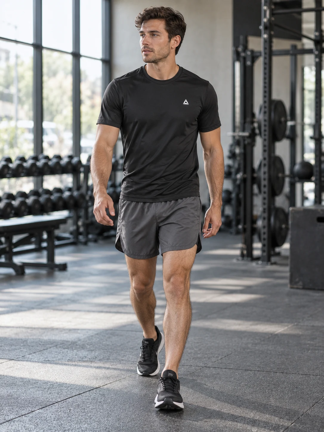 Men's training t-shirt and shorts on an AI sportswear model in a gym, created with ApparelAI