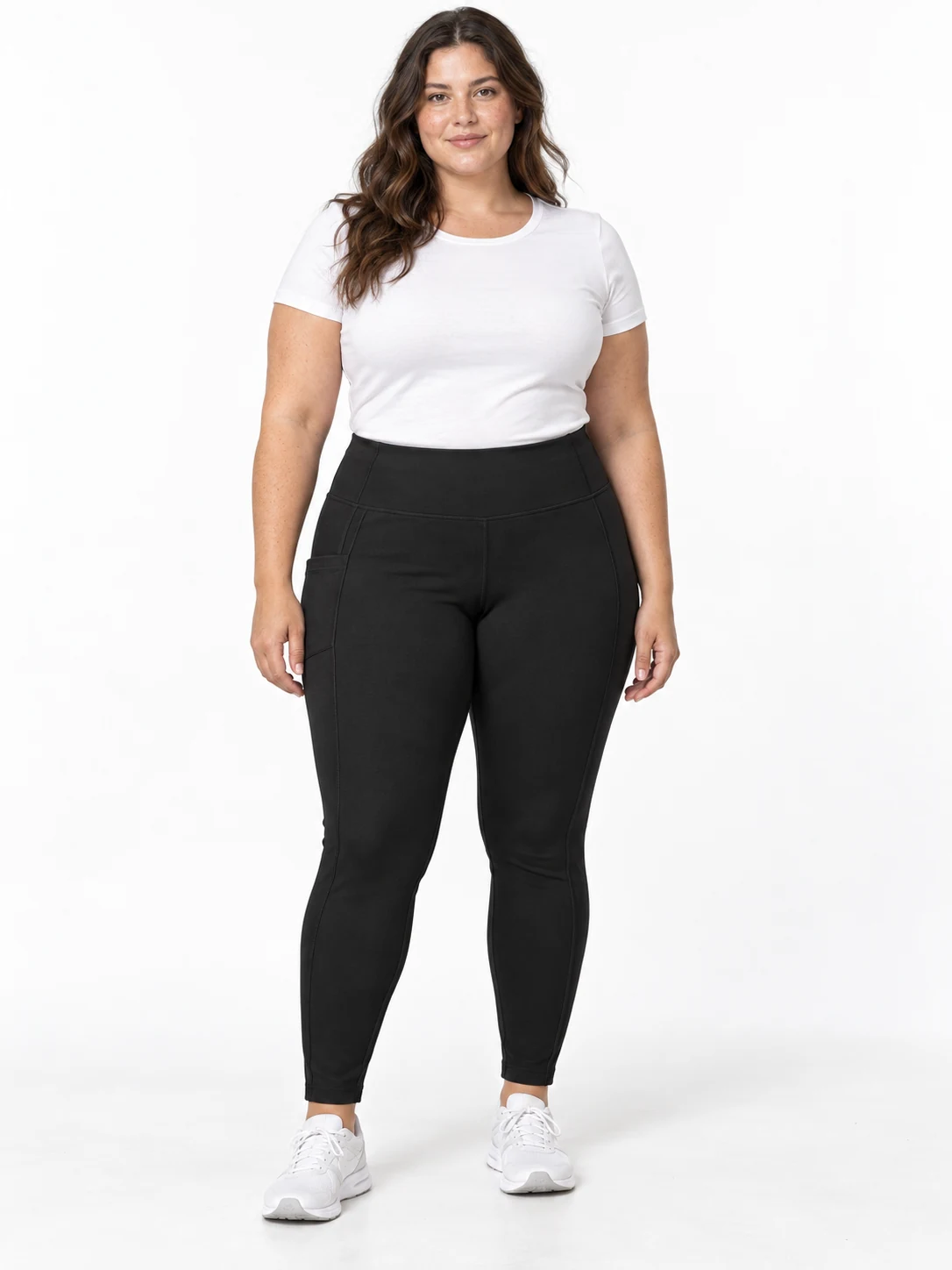Plus-size black yoga leggings on an AI model, created with ApparelAI