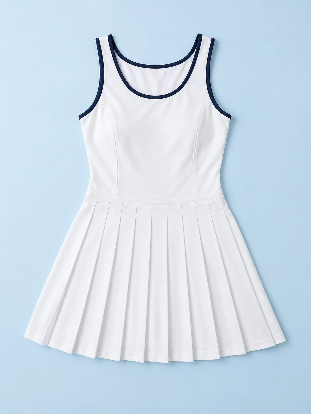Flat lay of a white pleated tennis dress with navy trim