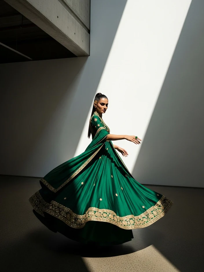 A green anarkali kurta on an AI fashion model