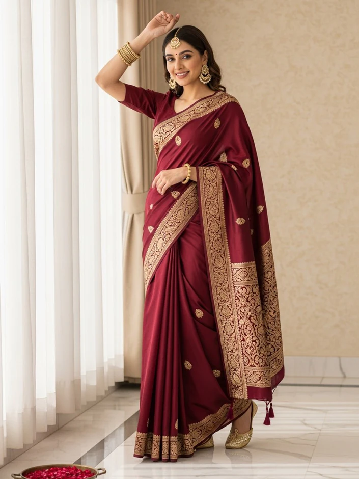 A maroon Banarasi saree on an AI fashion model