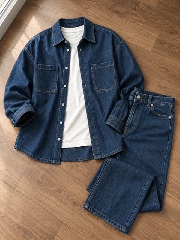 Flat lay of a denim shirt and jeans