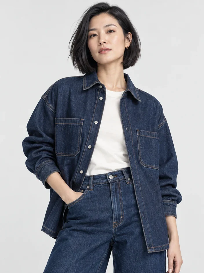 A denim shirt and jeans on an AI fashion model
