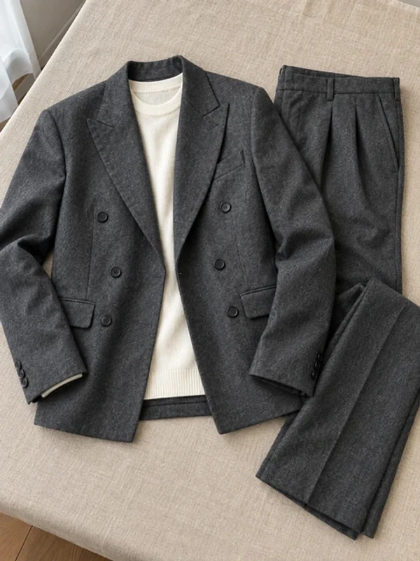 Flat lay of a charcoal double-breasted suit