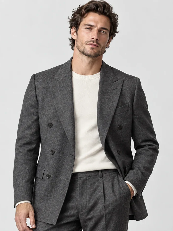 A charcoal double-breasted suit on an AI fashion model