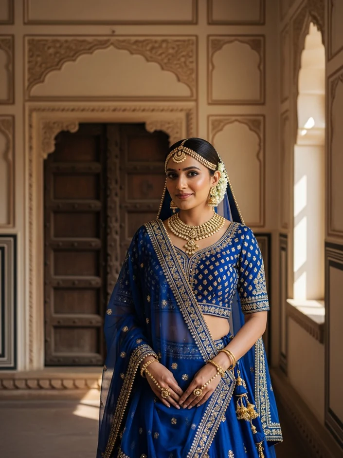 A royal-blue lehenga set on an AI fashion model