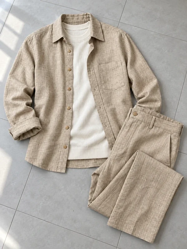 Flat lay of a beige linen shirt and trousers