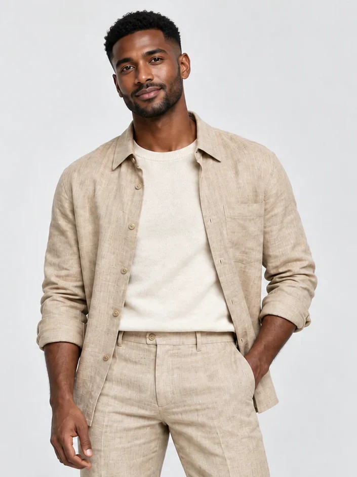 A beige linen shirt and trousers on an AI fashion model