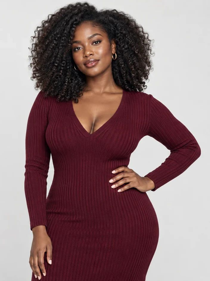 A burgundy rib-knit dress on an AI fashion model