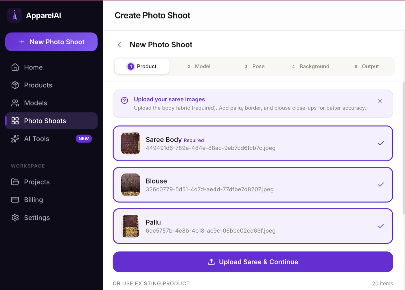 ApparelAI upload screen with separate Saree Body, Blouse and Pallu slots