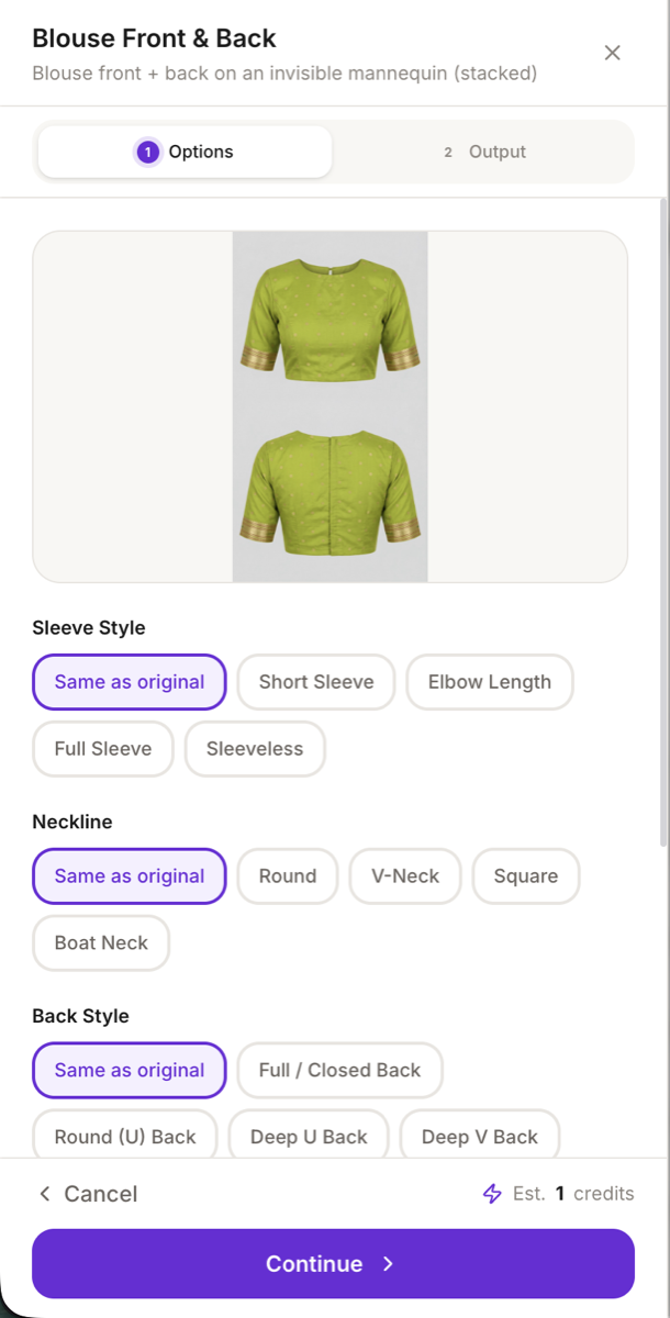 Blouse Front and Back options with sleeve style, neckline and back style controls