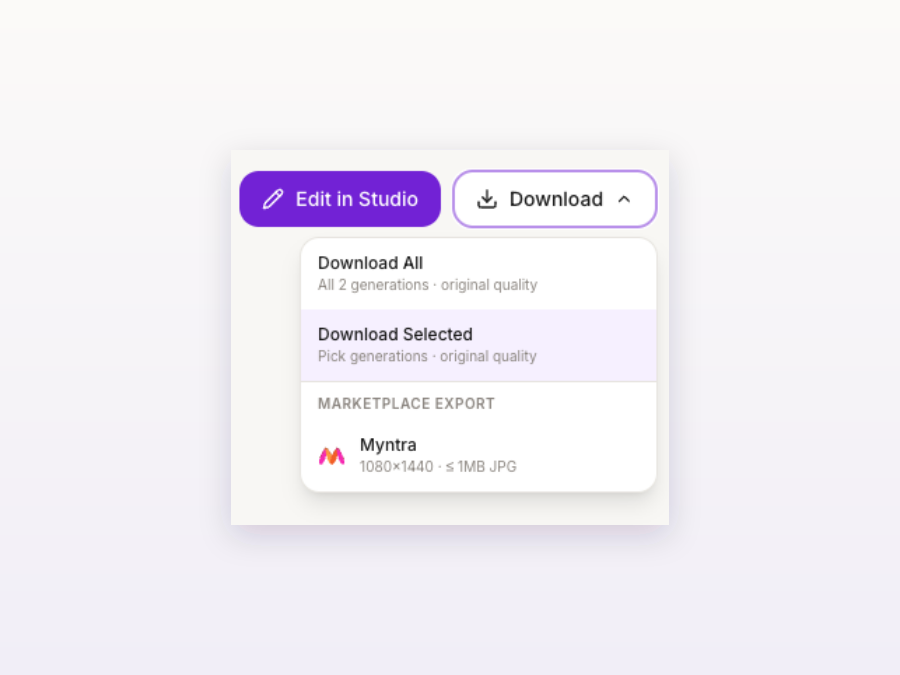 Download menu with original-quality options and a Myntra marketplace export at 1080x1440