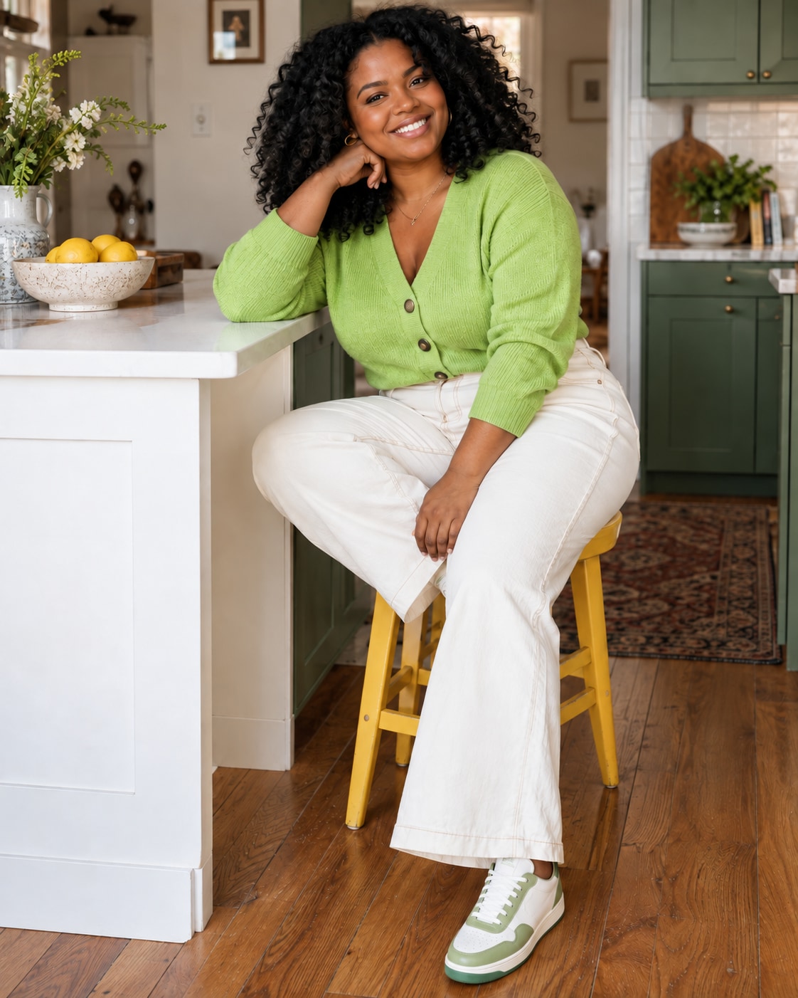Curvy Black woman in apple green cardigan and cream wide jeans seated sideways on sturdy yellow kitchen stool, foot on lower rung and other on floor, arm on white counter and smile to camera.