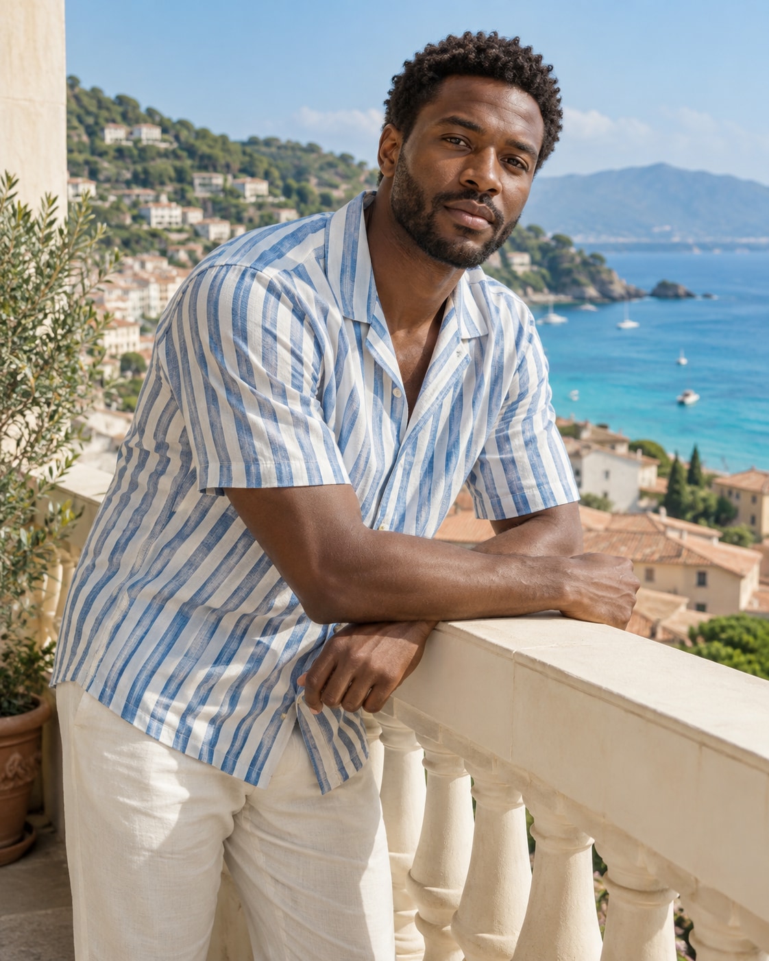 Black man in blue white striped camp-collar shirt and cream linen trousers leaning forearms on cream balcony rail, torso turned toward camera, waist-up with coastal roofs and turquoise water.