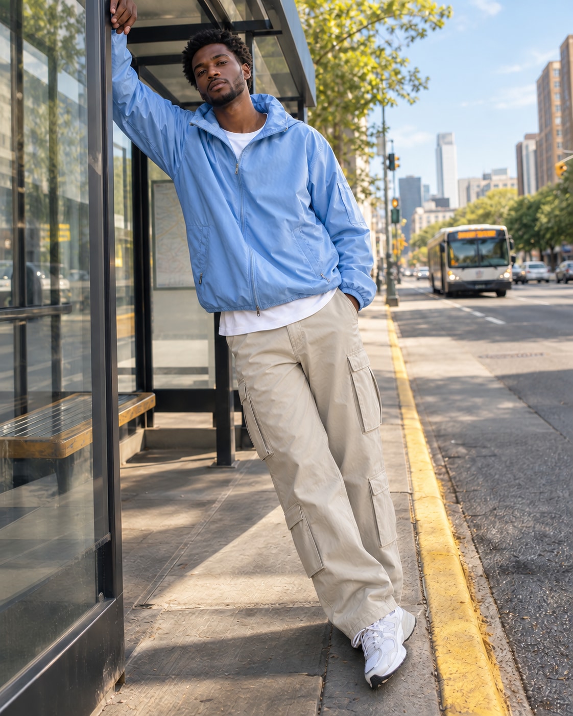 Tall Black man in sky blue windbreaker and stone cargos leaning diagonally against glass bus shelter with both feet grounded, one arm above head against frame, sunlit city and yellow curb.