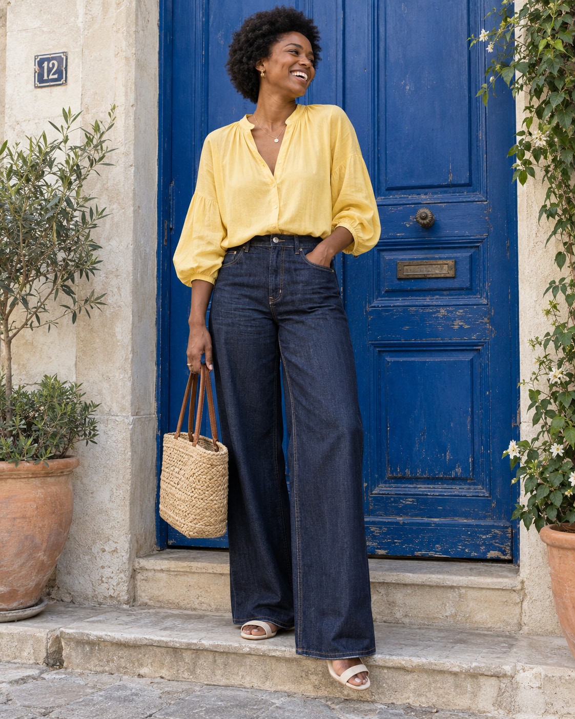 Adult Black woman with a short natural afro wearing a butter-yellow cotton blouse with loose sleeves and dark indigo wide-leg jeans, standing on a doorstep against a weathered cobalt-blue door